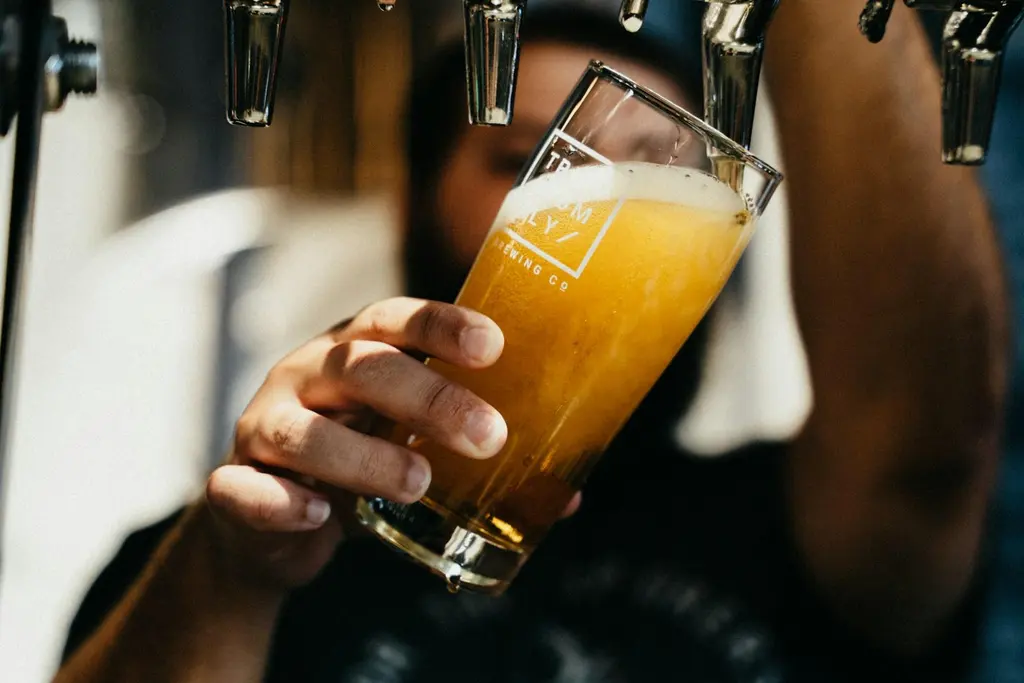 Person holding a craft beer at a Boston brewery taproom, part of the city's thriving summer food and drink scene
